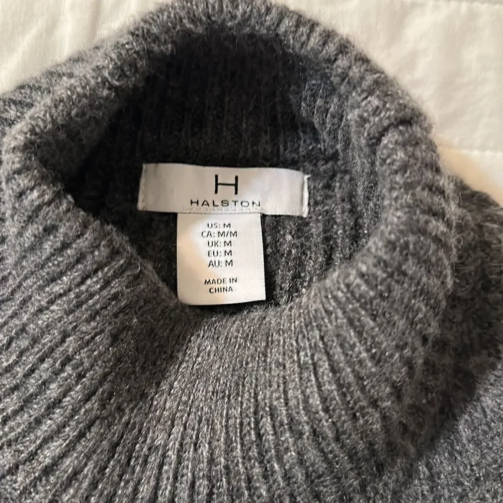 Halston M Charcoal Gray White Cotton Shirt Combo Knit Mock Neck Sweater